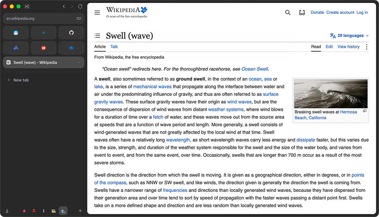 Swell with its sidebar of spaces and pinned tabs